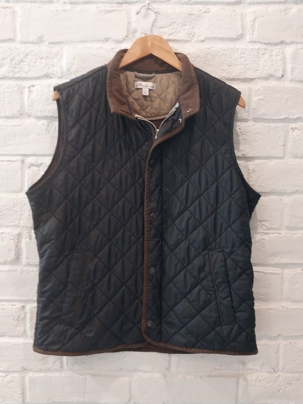 Peter Millar Vest Mens L Black Quilted Essex Brown Trim Full Zip Snap Fleece